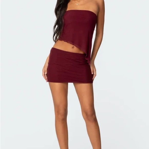 Edikted Vivi Mesh Mini Skirt in Burgundy - Picture 1 of 3